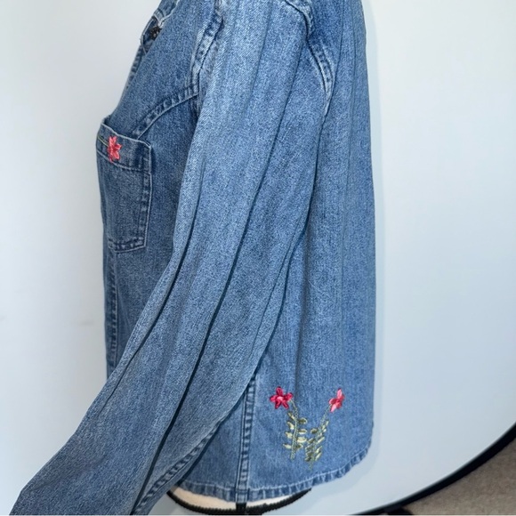 Christopher & Banks Blue Denim Cotton Shirt Jacket floral embroidered size L - Picture 3 of 16